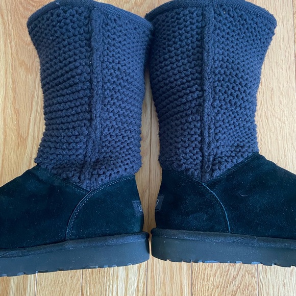 UGG Shaina Boots Women's 7 Black Suede Knit Cuff Lined Winter Snow Shearling EUC - Picture 11 of 13